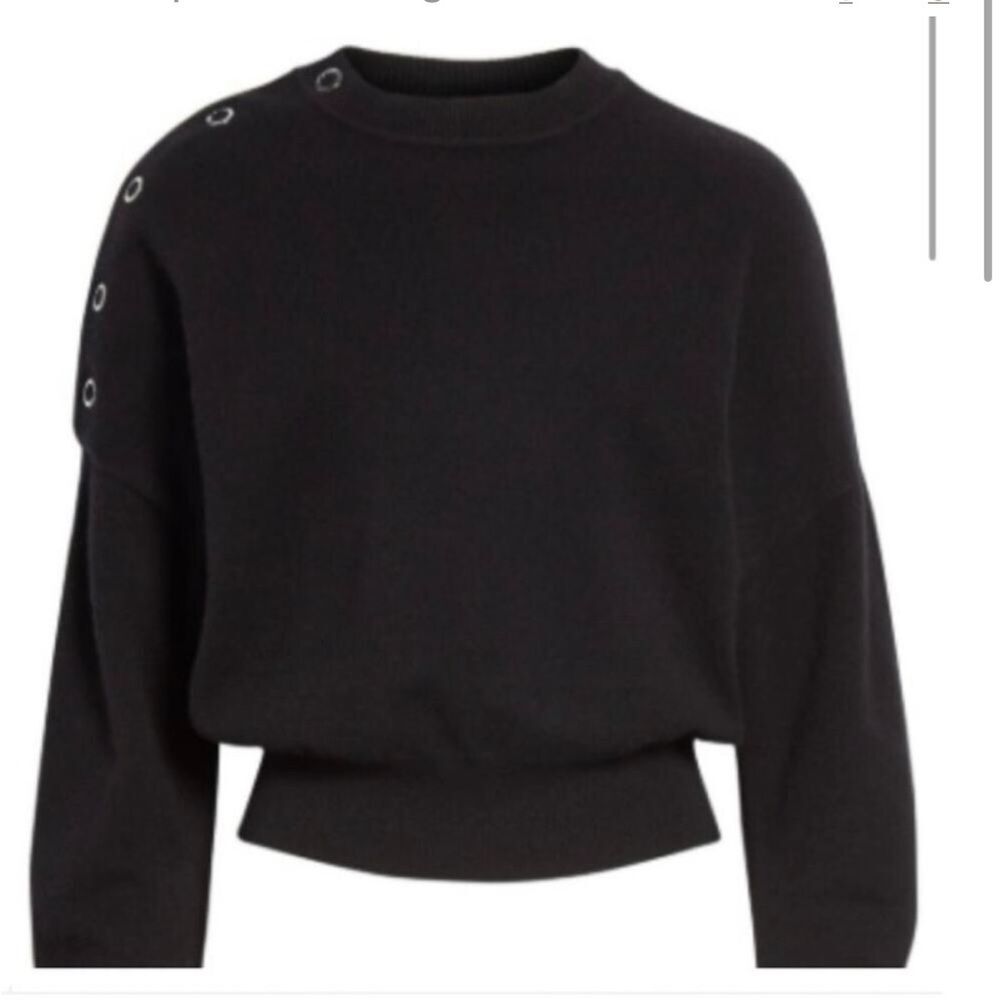 LEWIT SIZE SMALL BLACK CASHMERE SWEATER WITH SILVER SHOULDER SNAP ACCENTS